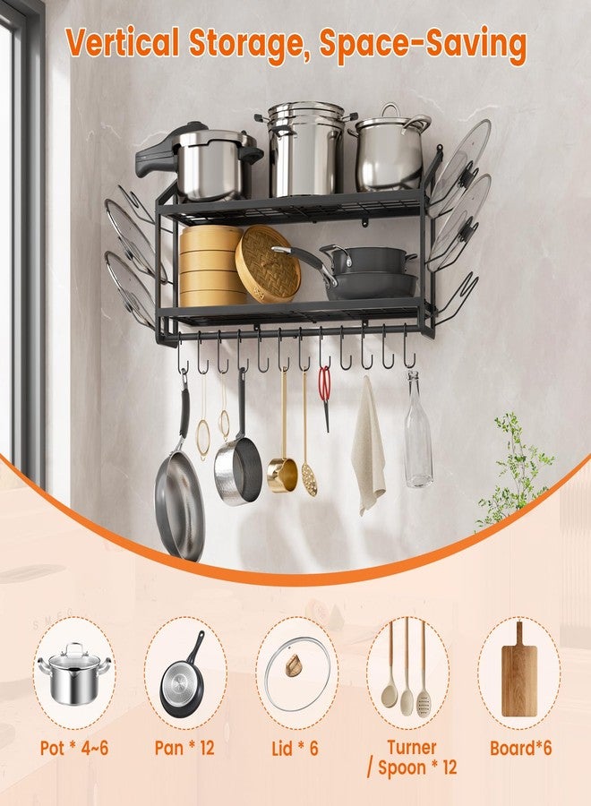 VOPEAK 30" Pot Rack Wall Mounted with 6 Detachable Pot Lid Holders,12 Adjustable S Hooks for Hanging Pans,2 Tier Black Heavy Duty Metal Shelves for pots and pans Organizer,200lbs Capcity,Space Saving - Image 4